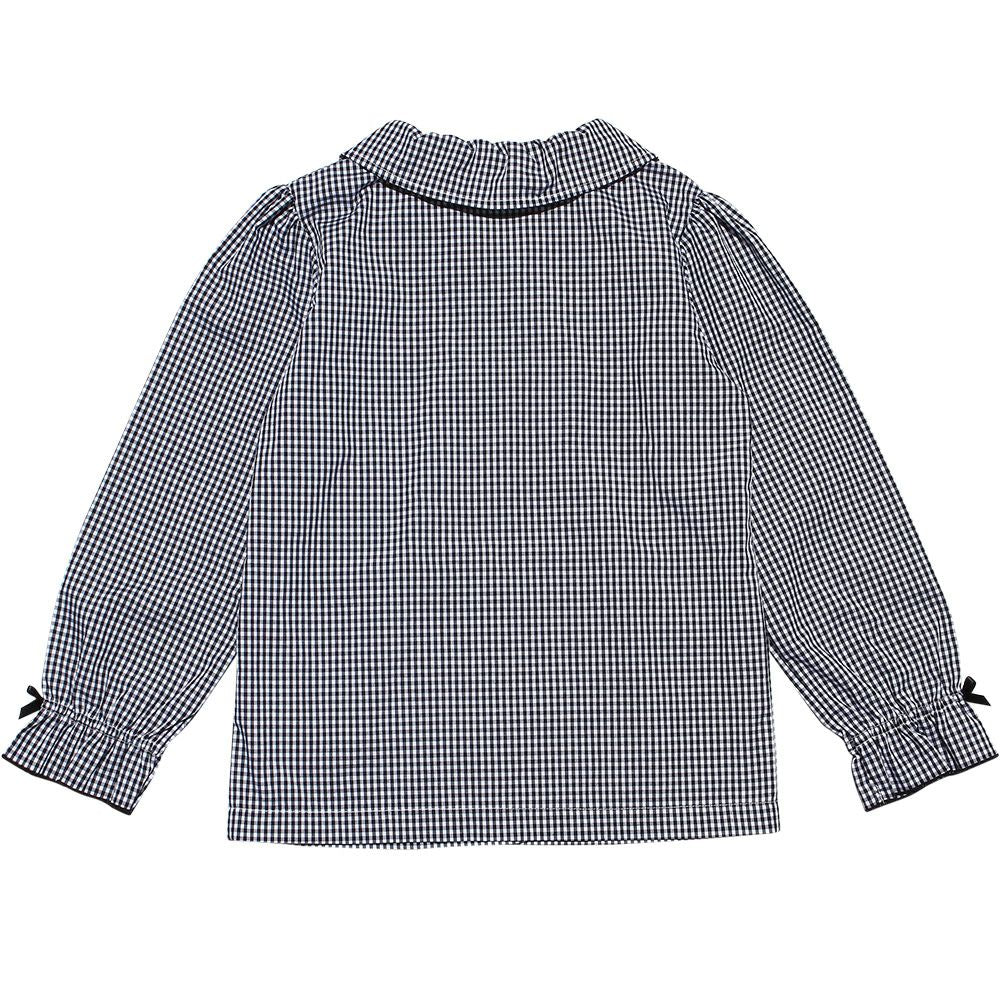 Children's clothing girl Gingham Check pattern ribbon frill sleeve blouse black (00) back