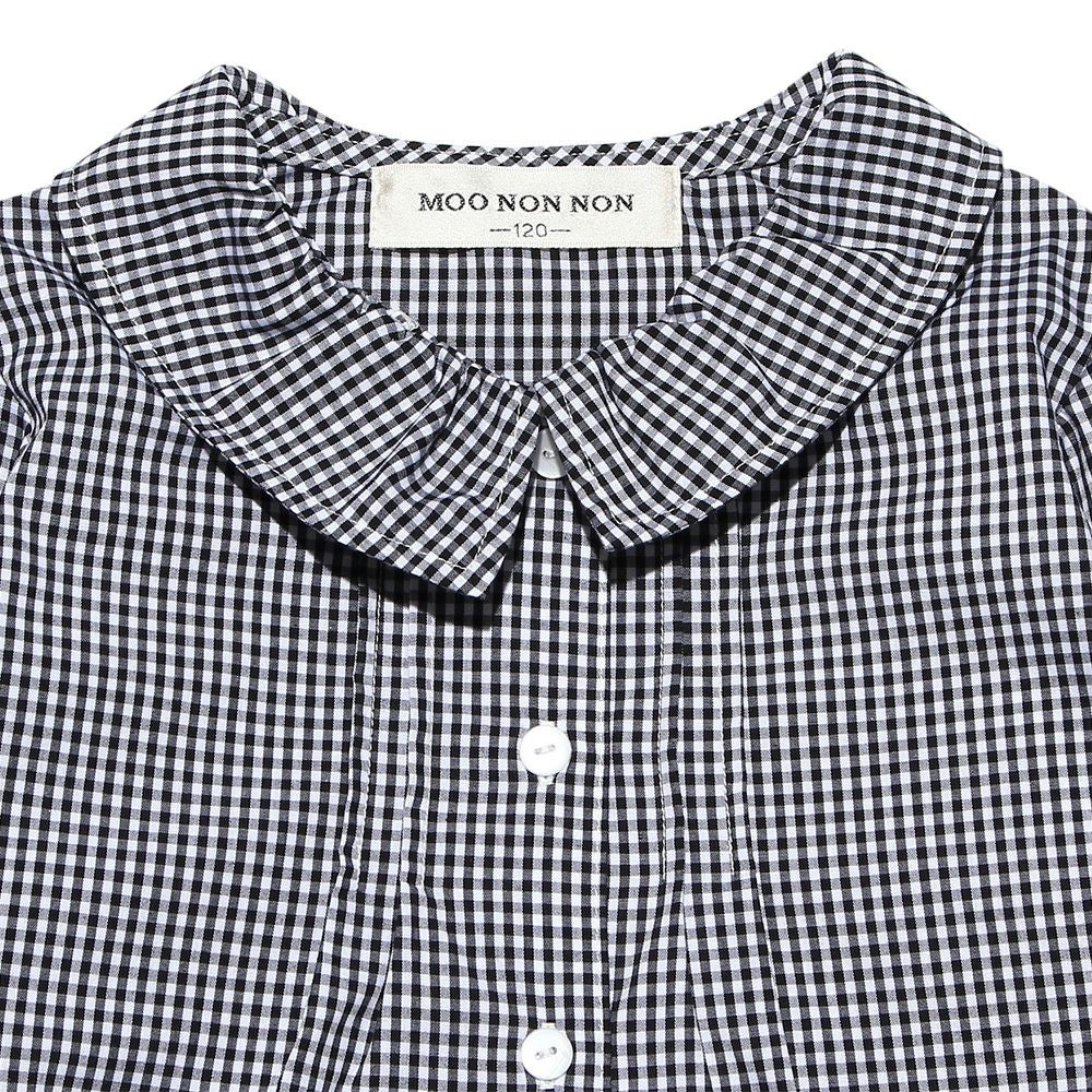 Children's clothing girl Gingham Check pattern ribbon frill sleeve blouse black (00) Design point 1