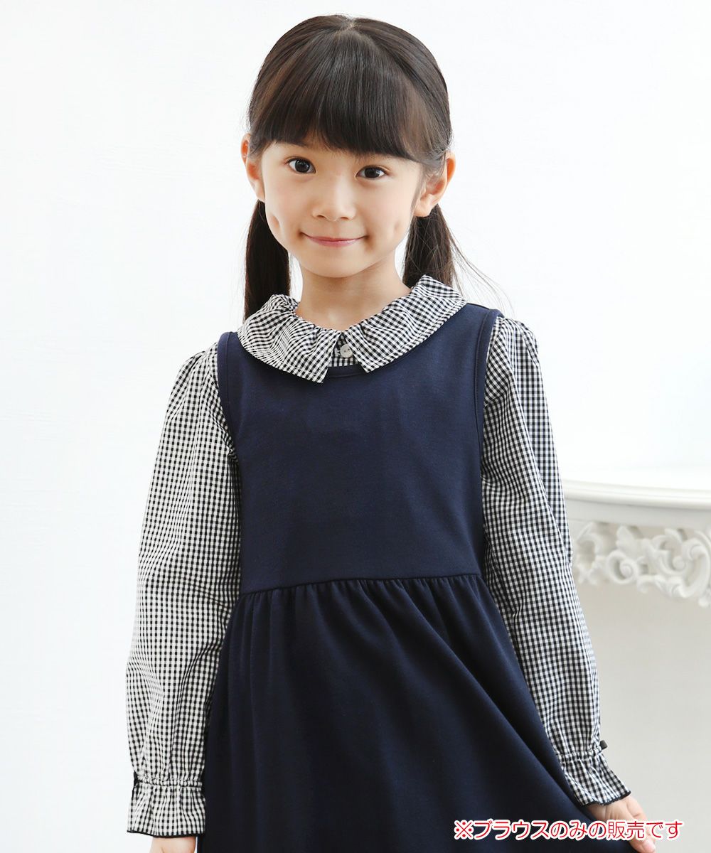 Children's clothing girl Gingham Check pattern ribbon frill sleeve blouse black (00) model image up