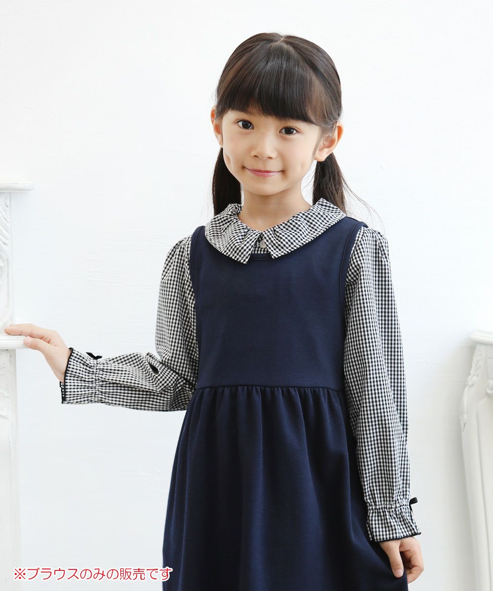 Children's clothing girl Gingham plaid ribbon frill sleeve blouse black (00) model image 1