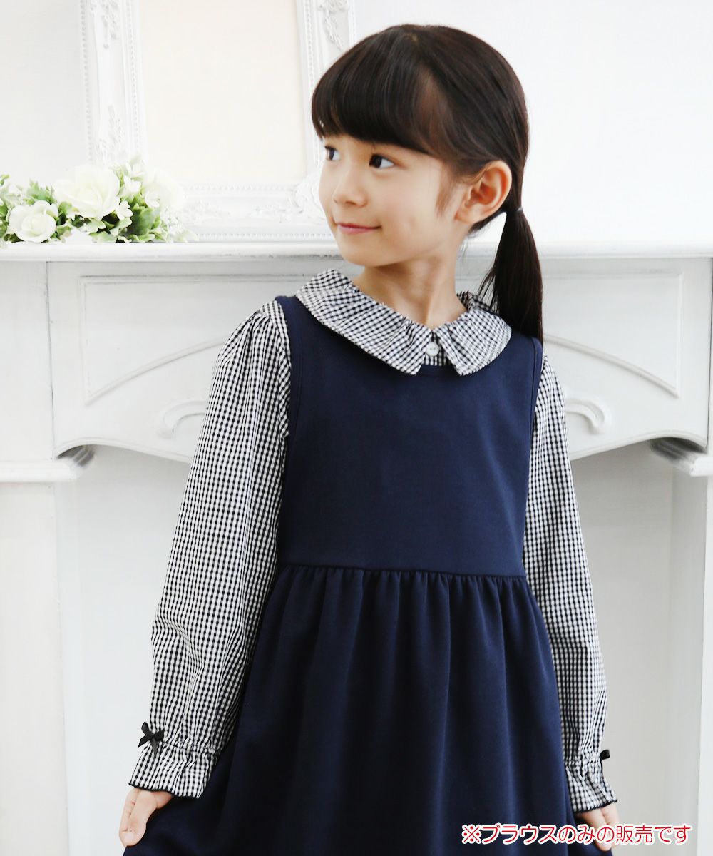 Children's clothing girl Gingham Check pattern ribbon frill sleeve blouse black (00) model image 2