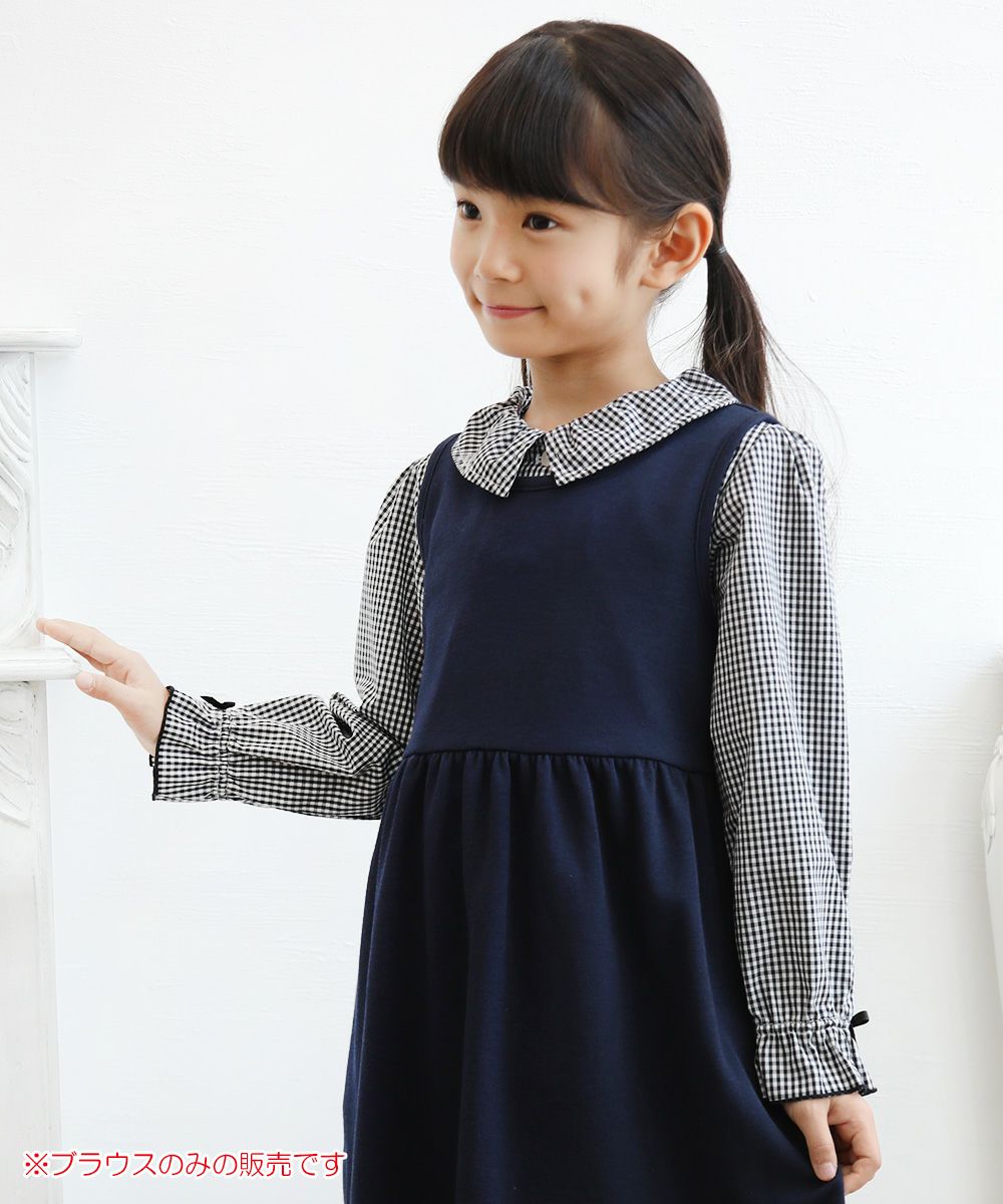 Children's clothing girl Gingham Check pattern ribbon frill sleeve blouse black (00) model image 3