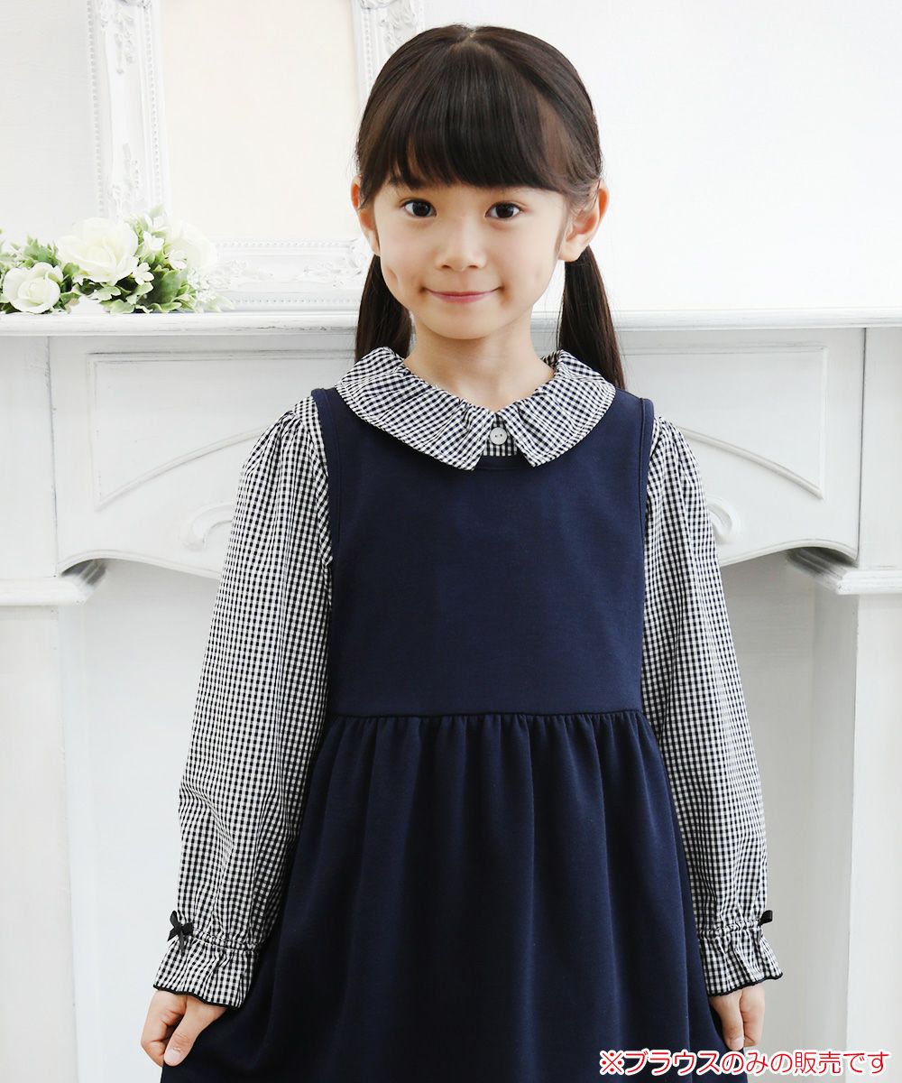 Children's clothing girl Gingham plaid ribbon frill sleeve blouse black (00) model image 4