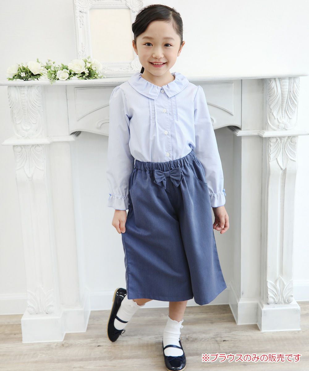 Children's clothing girl striped pattern ribbon frill sleeve tack tack brouse blue (61) model image whole body