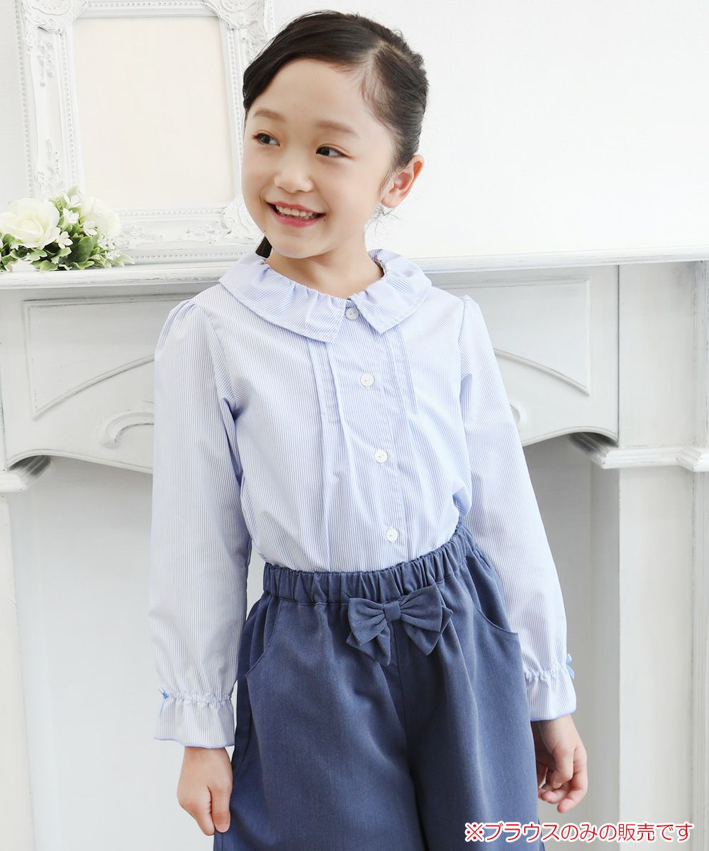 Children's clothing girl striped pattern ribbon frill sleeve tack tack brouse blue (61) model image 1