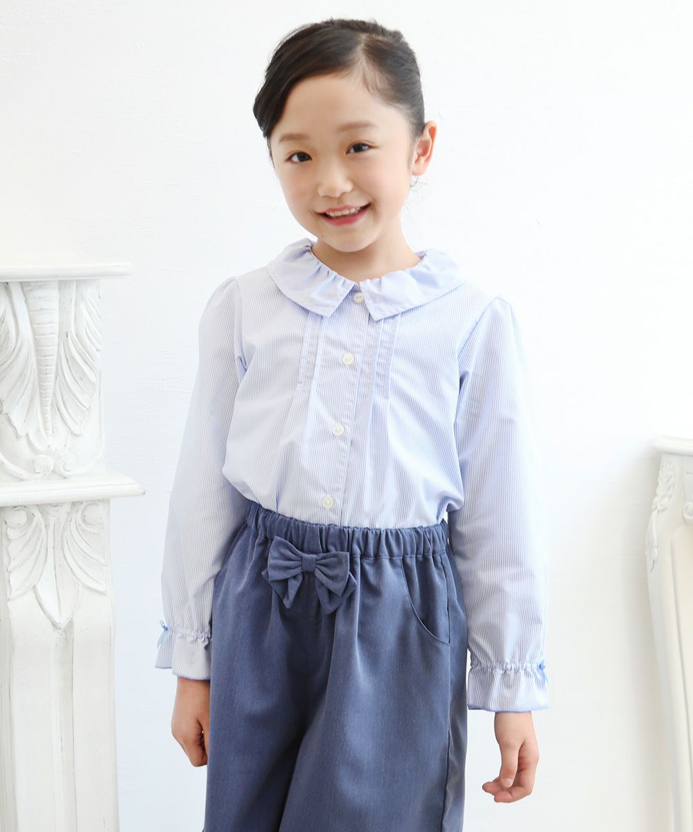 Children's clothing girl striped pattern ribbon frill sleeve tack brouse blue (61) model image 2