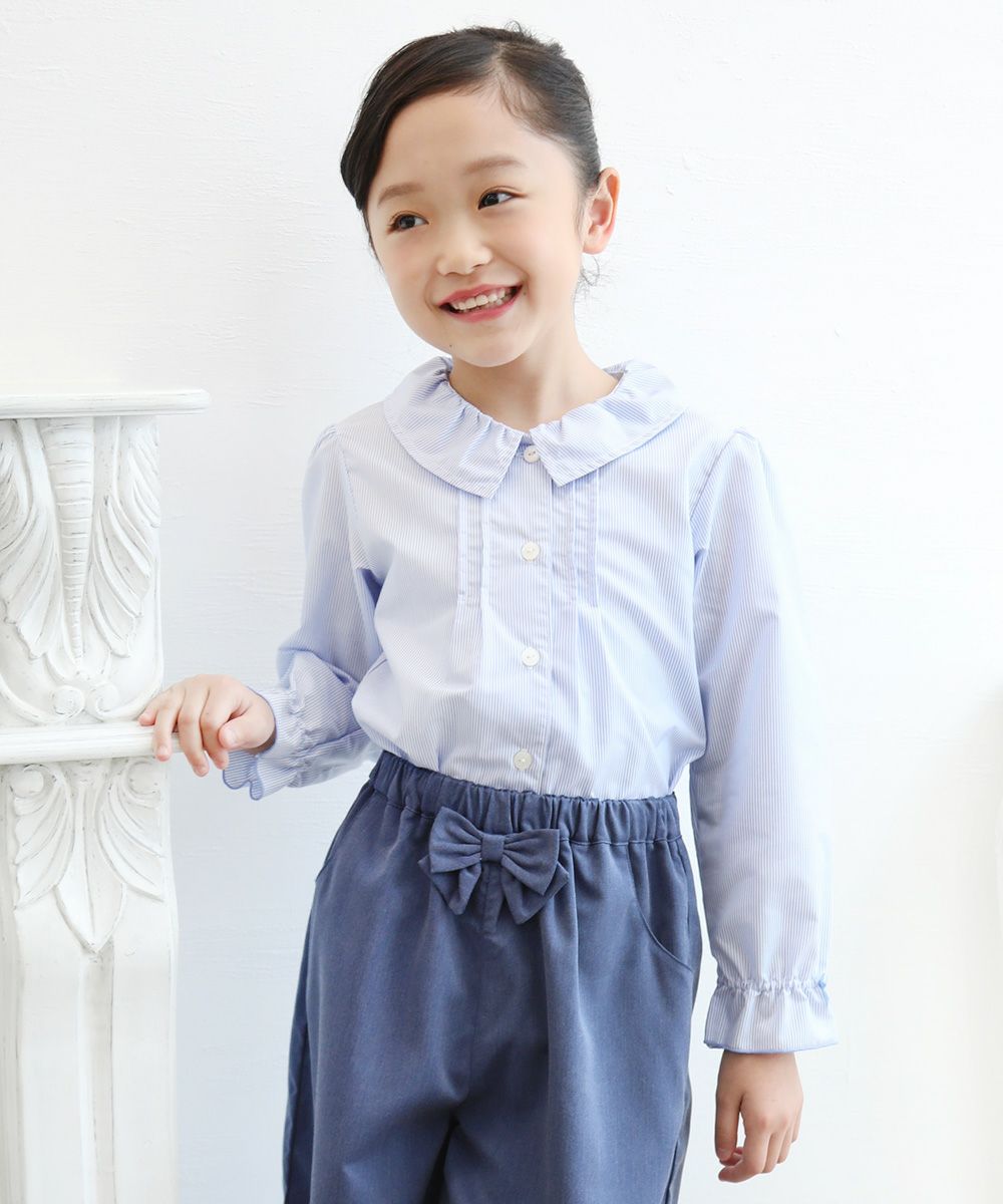 Children's clothing girl striped pattern ribbon frill sleeve tack tack brouse blue (61) model image 3