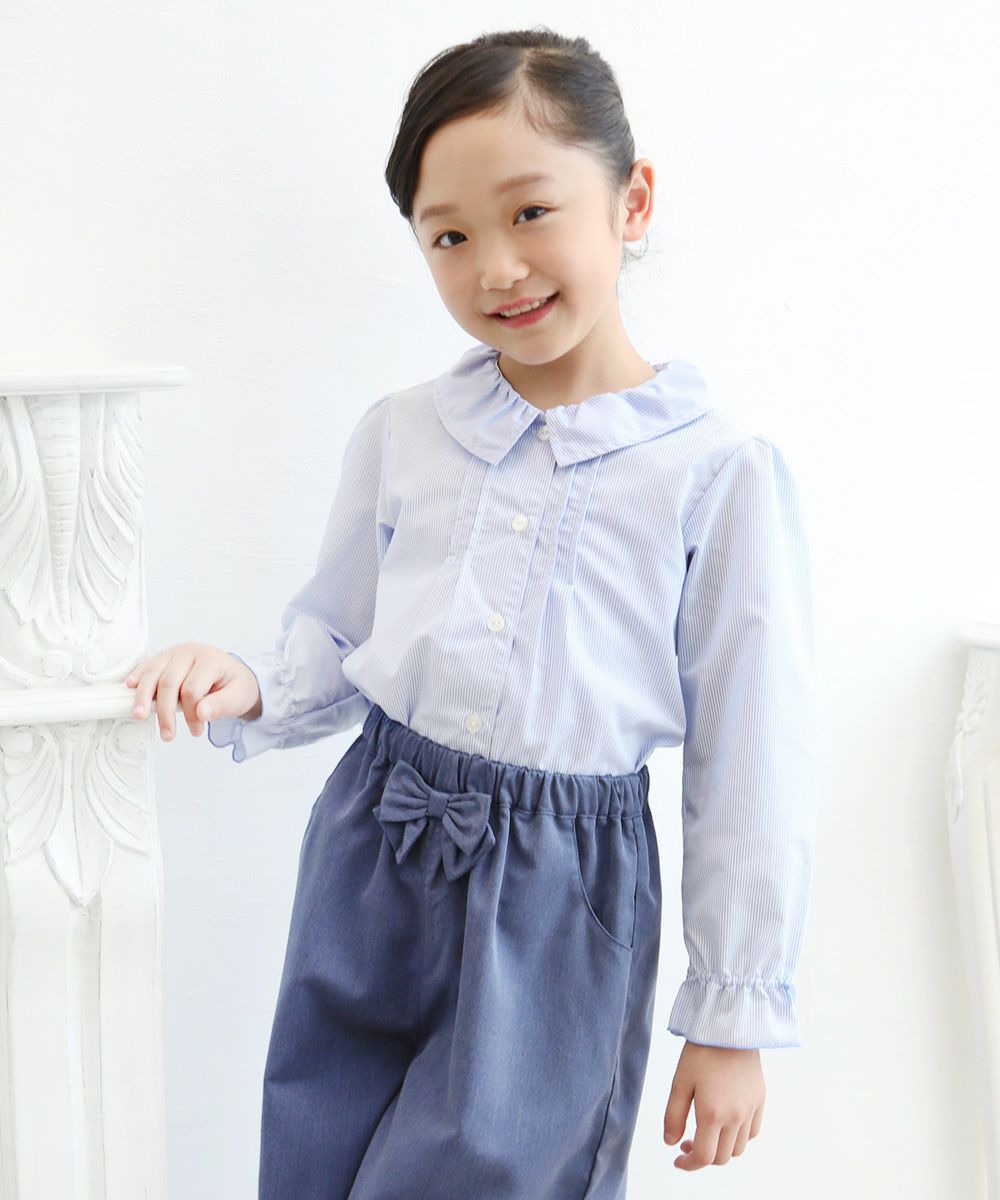 Children's clothing girl striped pattern ribbon frill sleeve tack tack brouse blue (61) model image 4