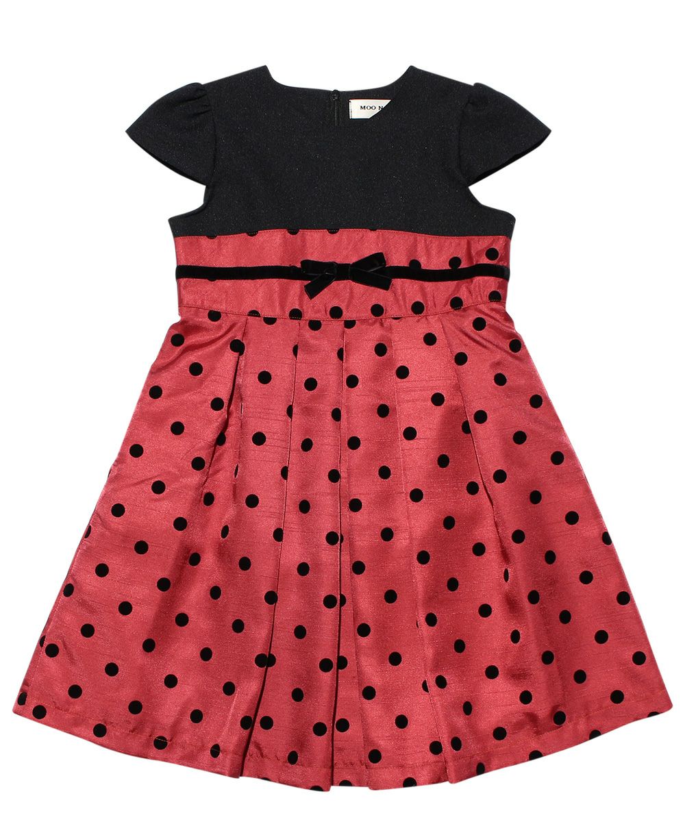 Made in Japan Dot pattern Cutting Pleated dress with ribbon Red front