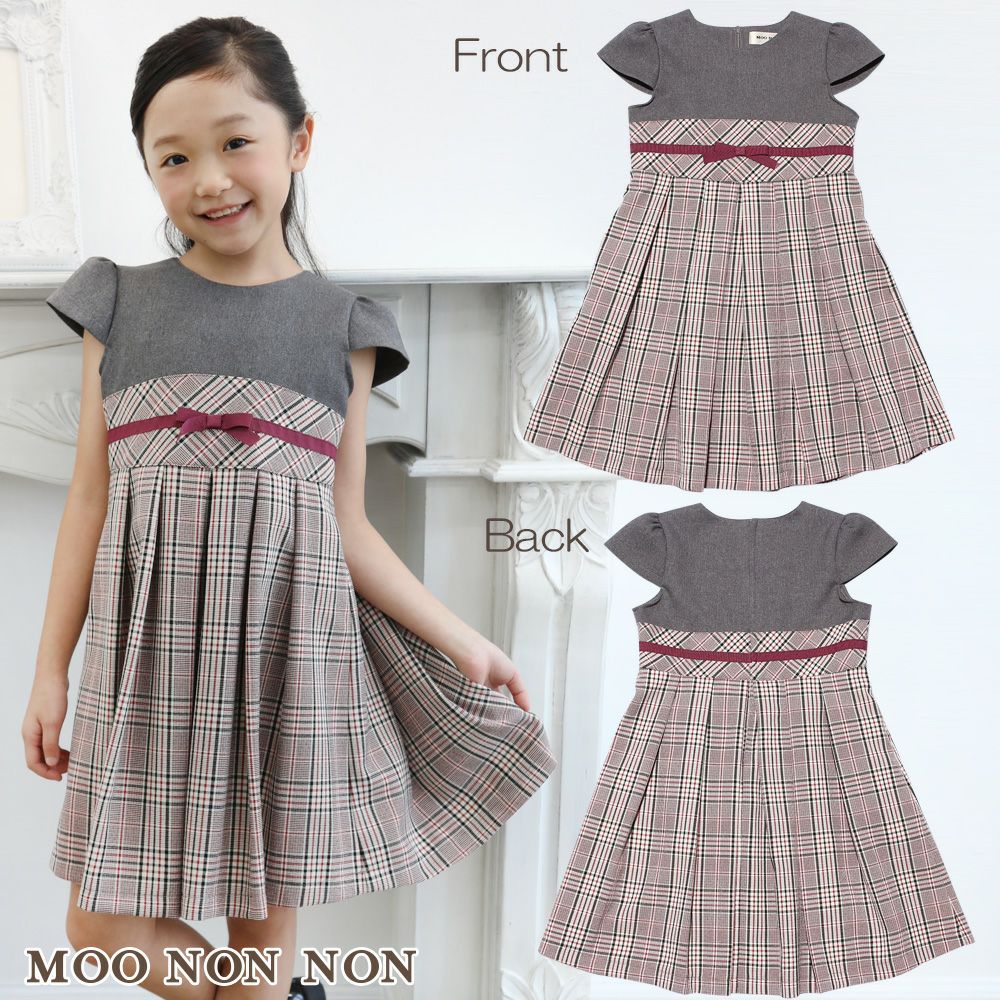Children's clothing girl check pattern Cutting Tack with ribbon tack pleat -style dress