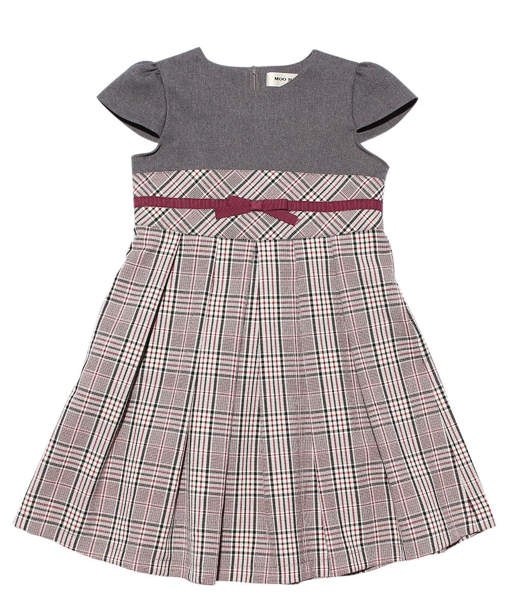 Children's clothing girl check pattern switching tack pleated style dress with ribbon (92) front