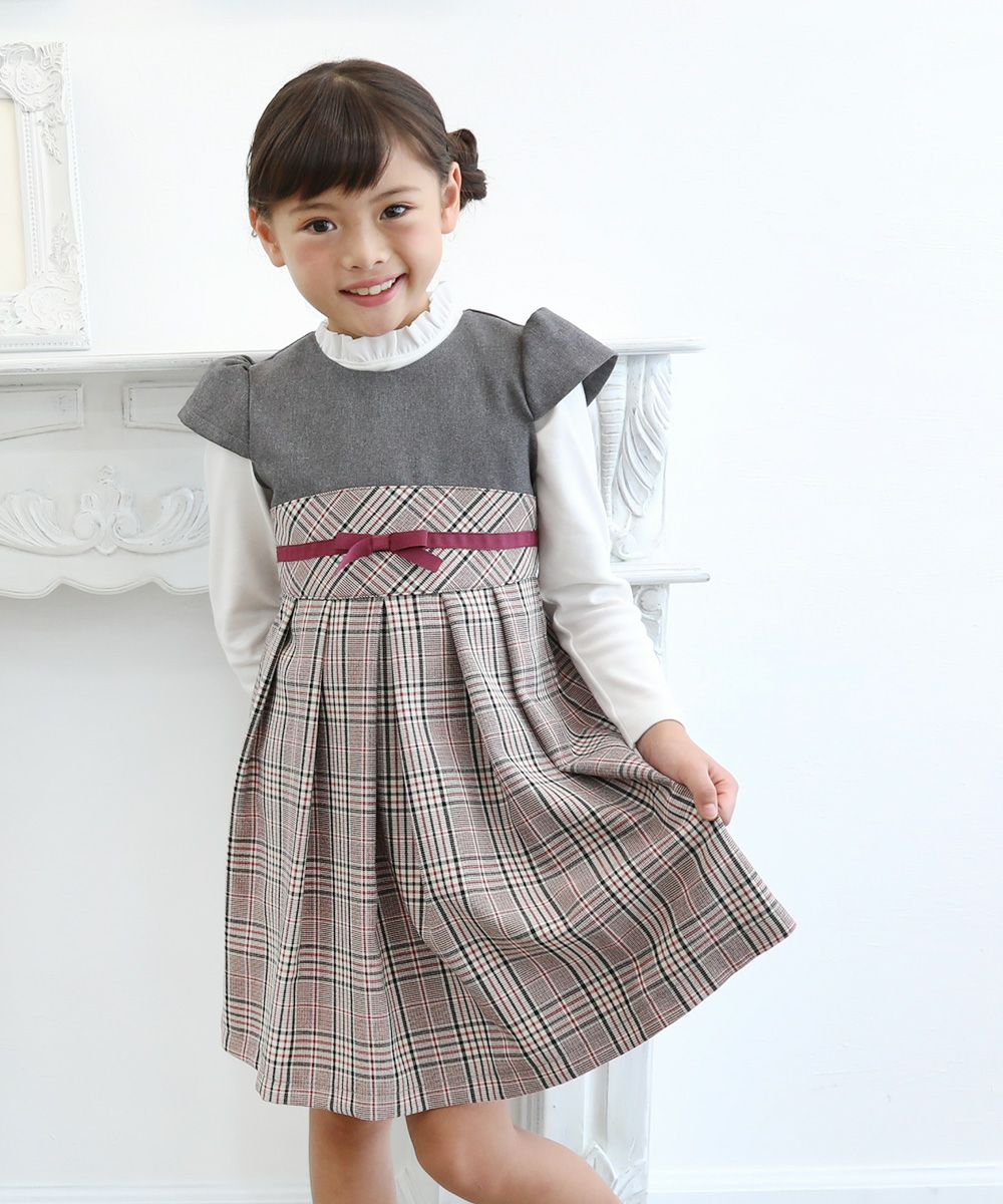 Children's clothing girl check pattern switching tack pleated style dress with ribbon (92) model image 4