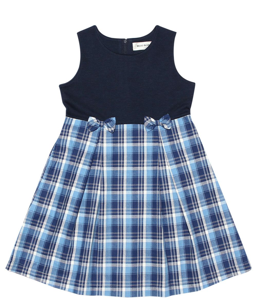 Children's clothing girl double knit material with ribbon check pattern dress blue (61) front