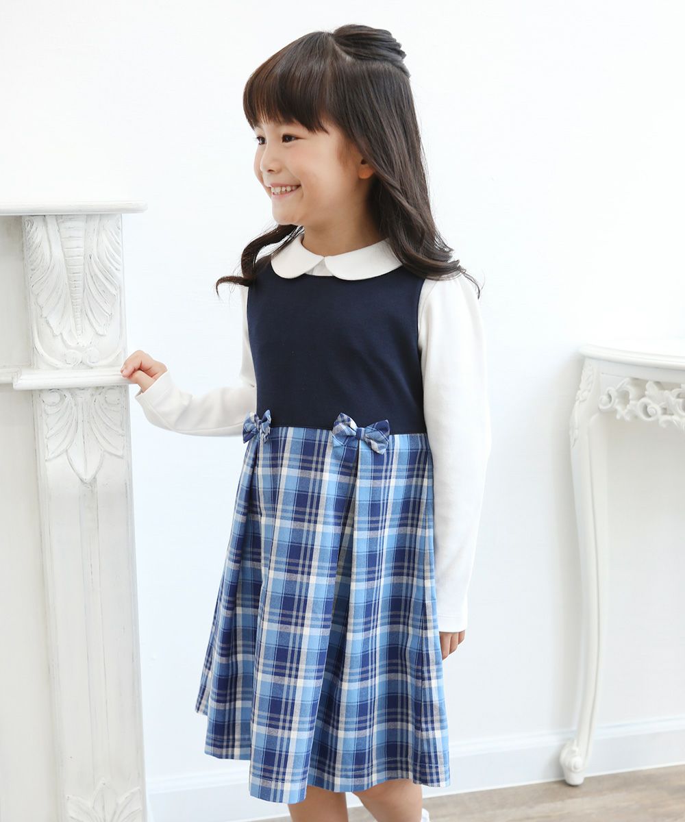 Children's clothing girl double knit material with ribbon check pattern dress blue (61) model image 2