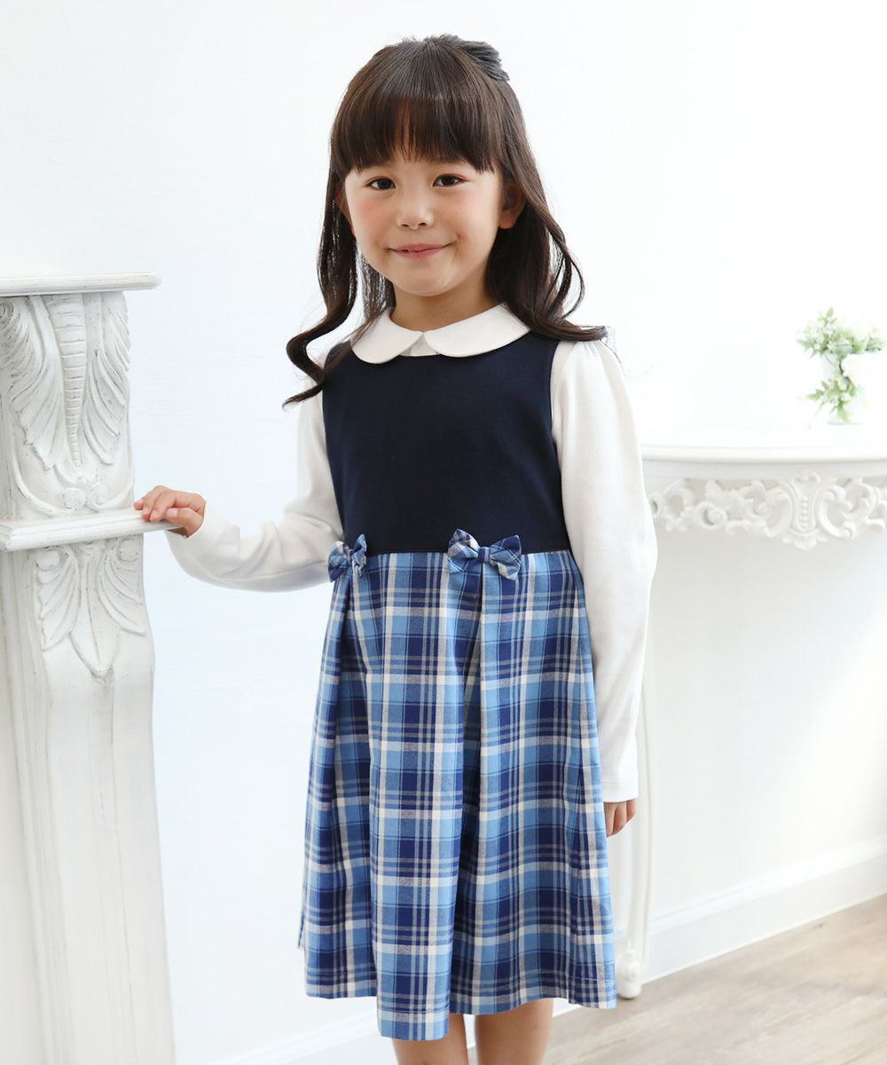 Children's clothing girl double knit material with ribbon check pattern dress blue (61) model image 3