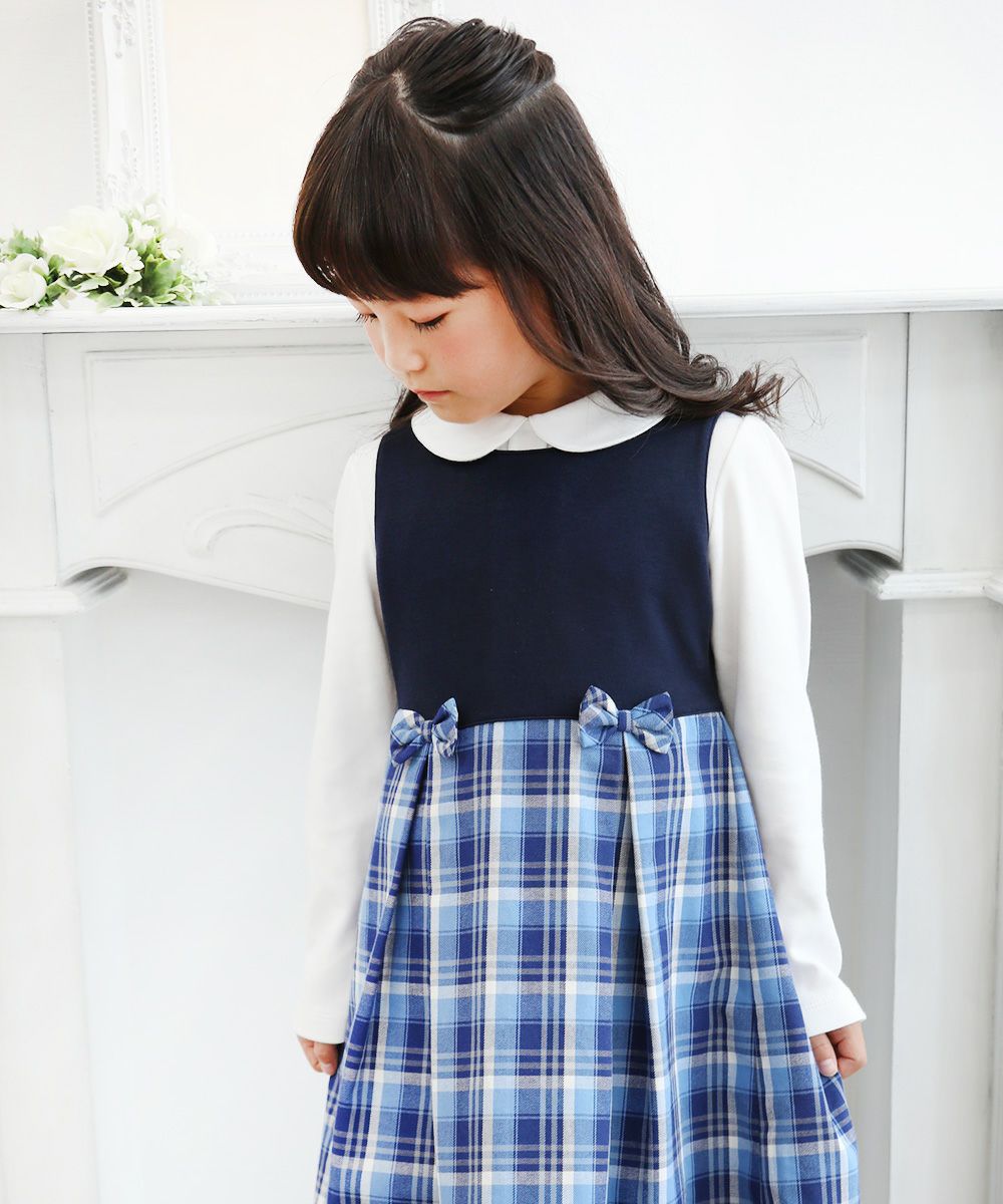 Children's clothing girl double knit material with ribbon Check pattern dress one -piece blue (61) model image 4