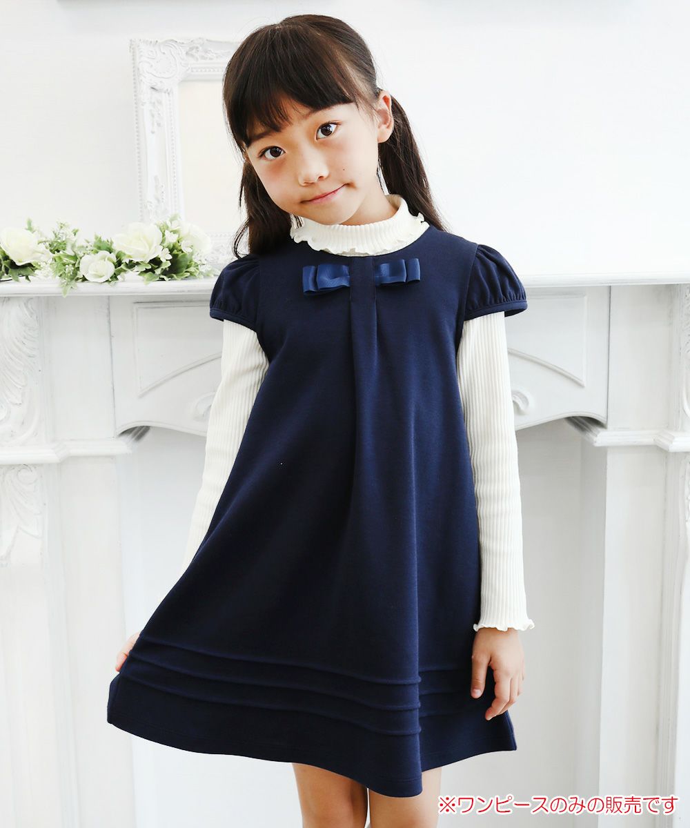 Children's clothing girl double knit material One -piece navy with ribbon (06) model image up