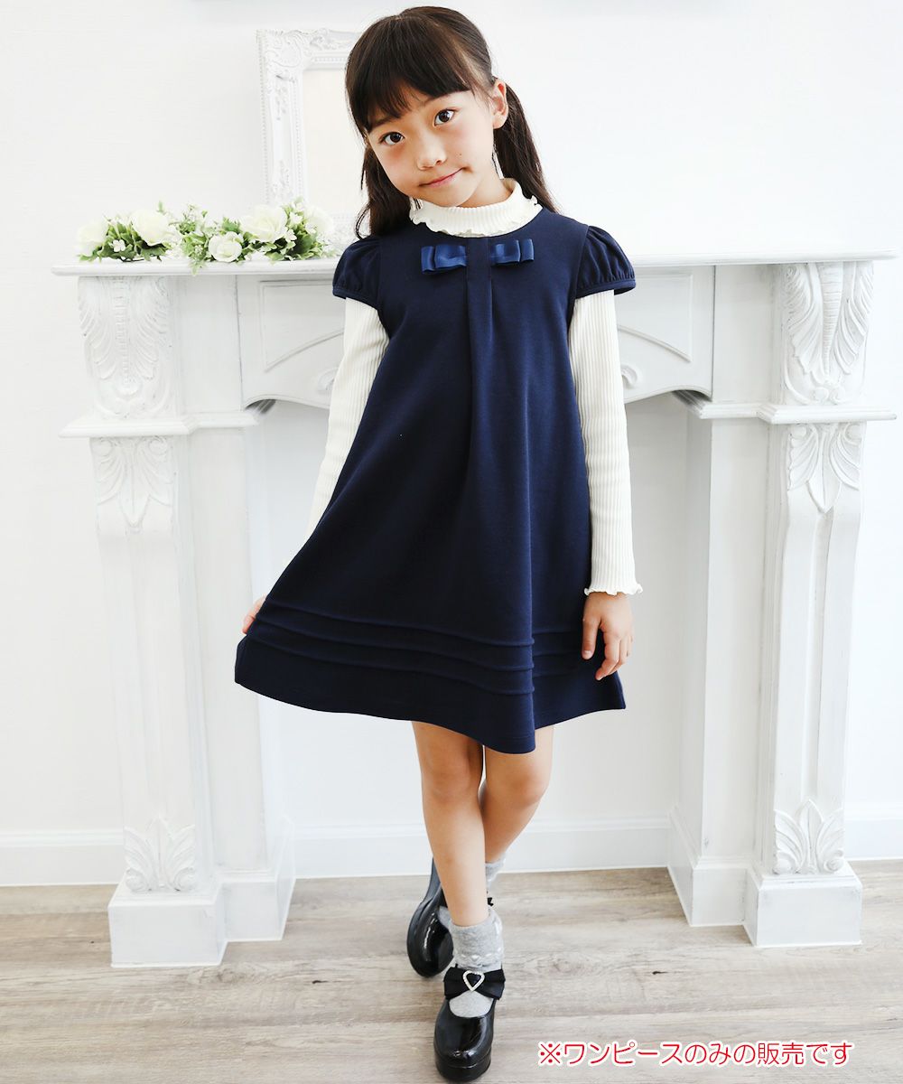 Children's clothing girl double knit material with ribbon One -piece navy (06) model image whole body