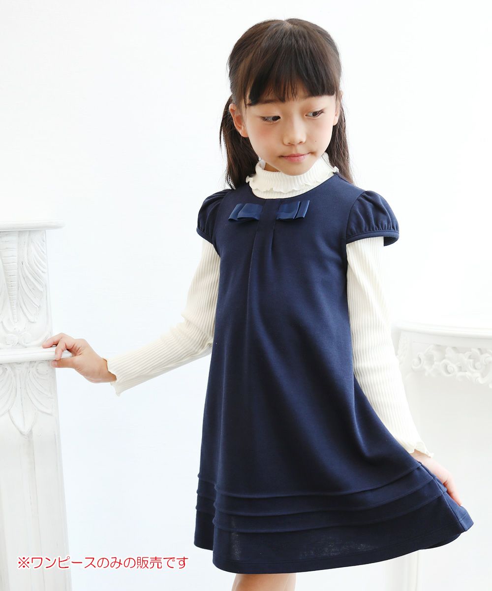 Children's clothing girl double knit material One -piece navy with ribbon (06) model image 1