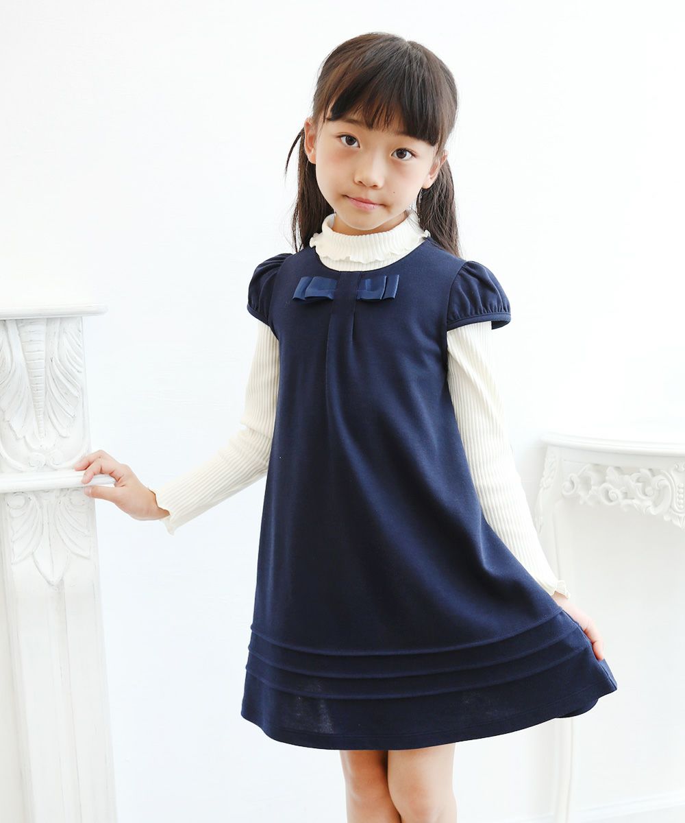 Children's clothing girl double knit material One -piece navy with ribbon (06) model image 2