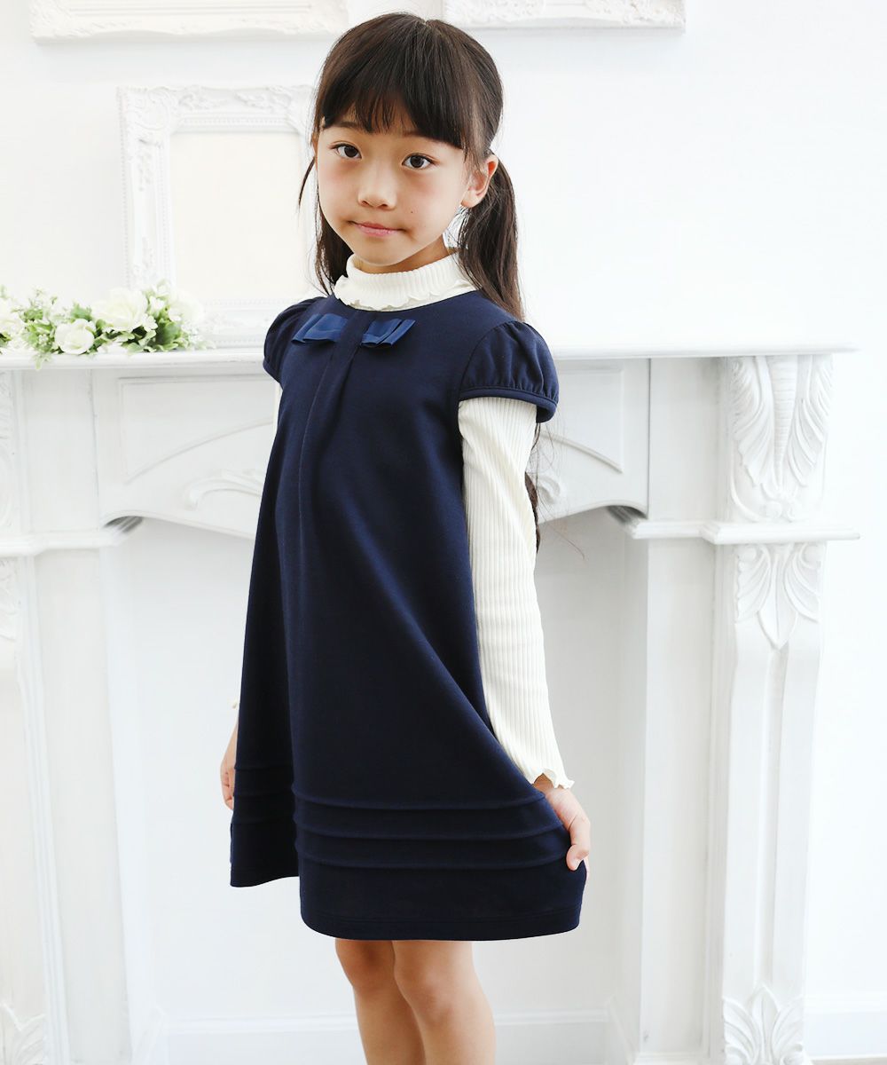 Children's clothing girl double knit material One -piece navy with ribbon (06) model image 3