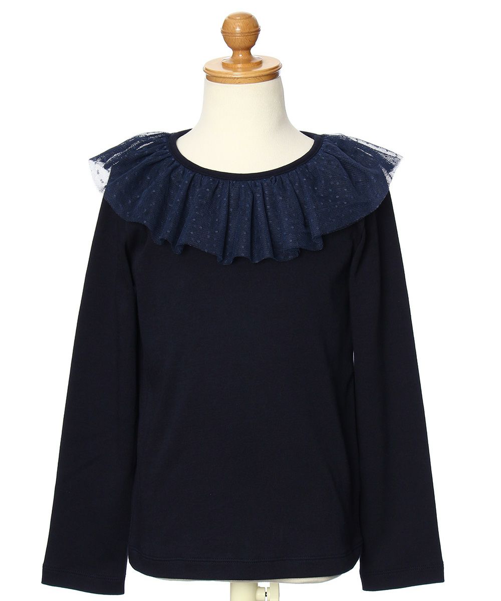 Children's clothing girl dot pattern tulle frill collar T -shirt navy (06) torso