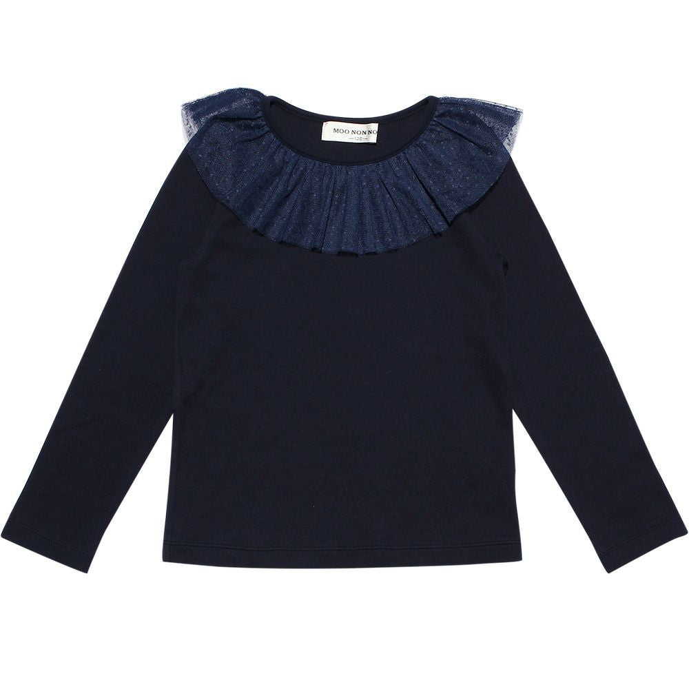 Children's clothing girl dot pattern tulle frill collar T -shirt navy (06) front