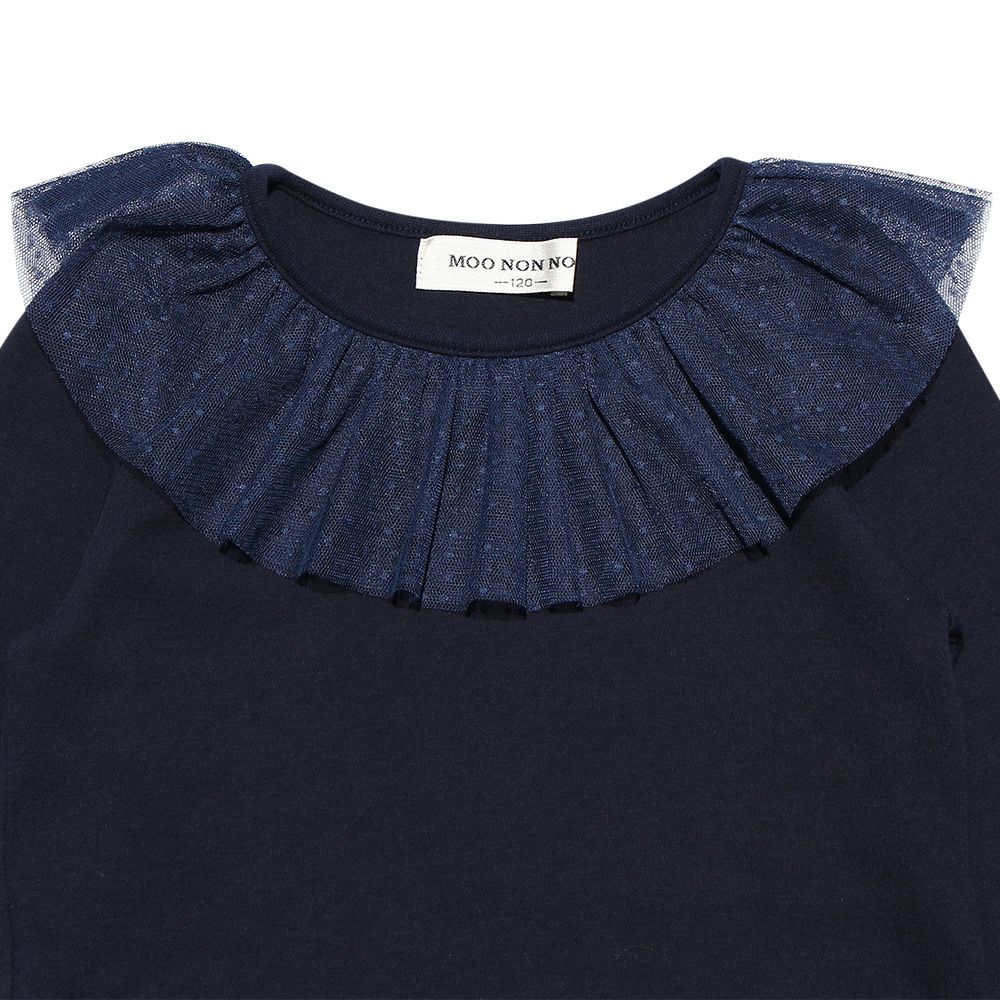 Children's clothing girl dot pattern tulle frill collar T -shirt navy (06) Design point 1