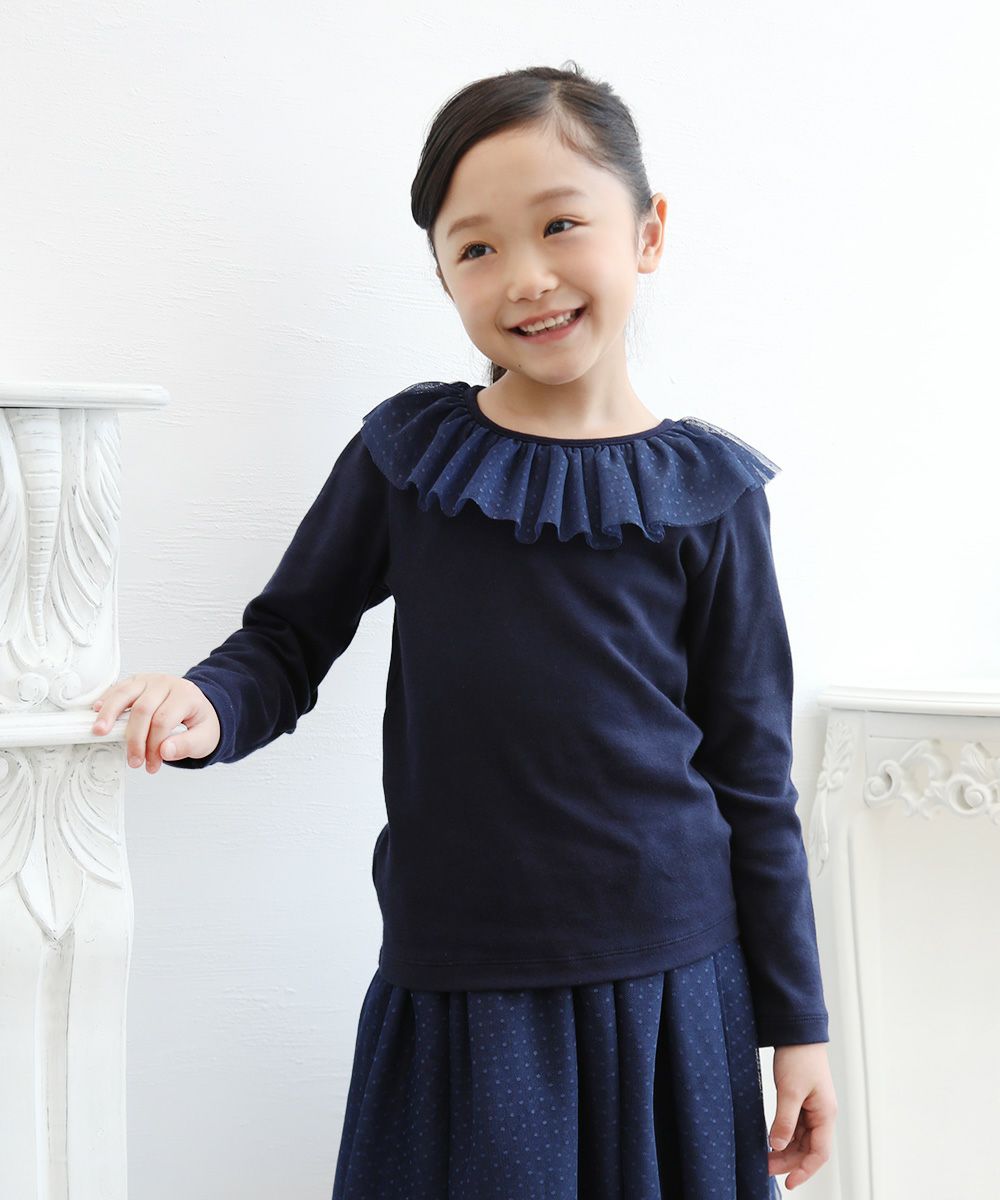 Children's clothing girl dot pattern tulle frill collar T -shirt navy (06) model image 2