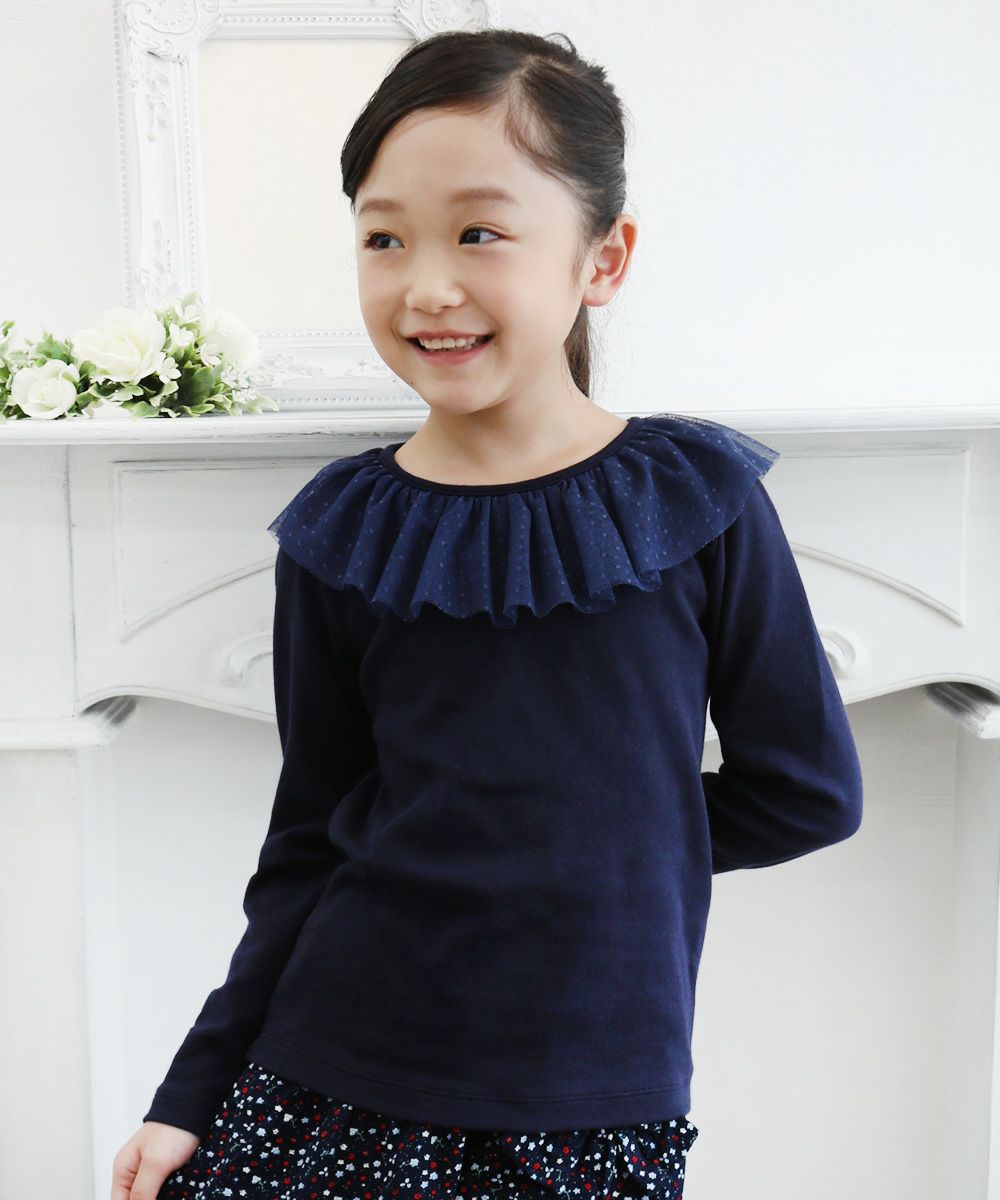 Children's clothing girl dot pattern tulle frill collar T -shirt navy (06) model image 3