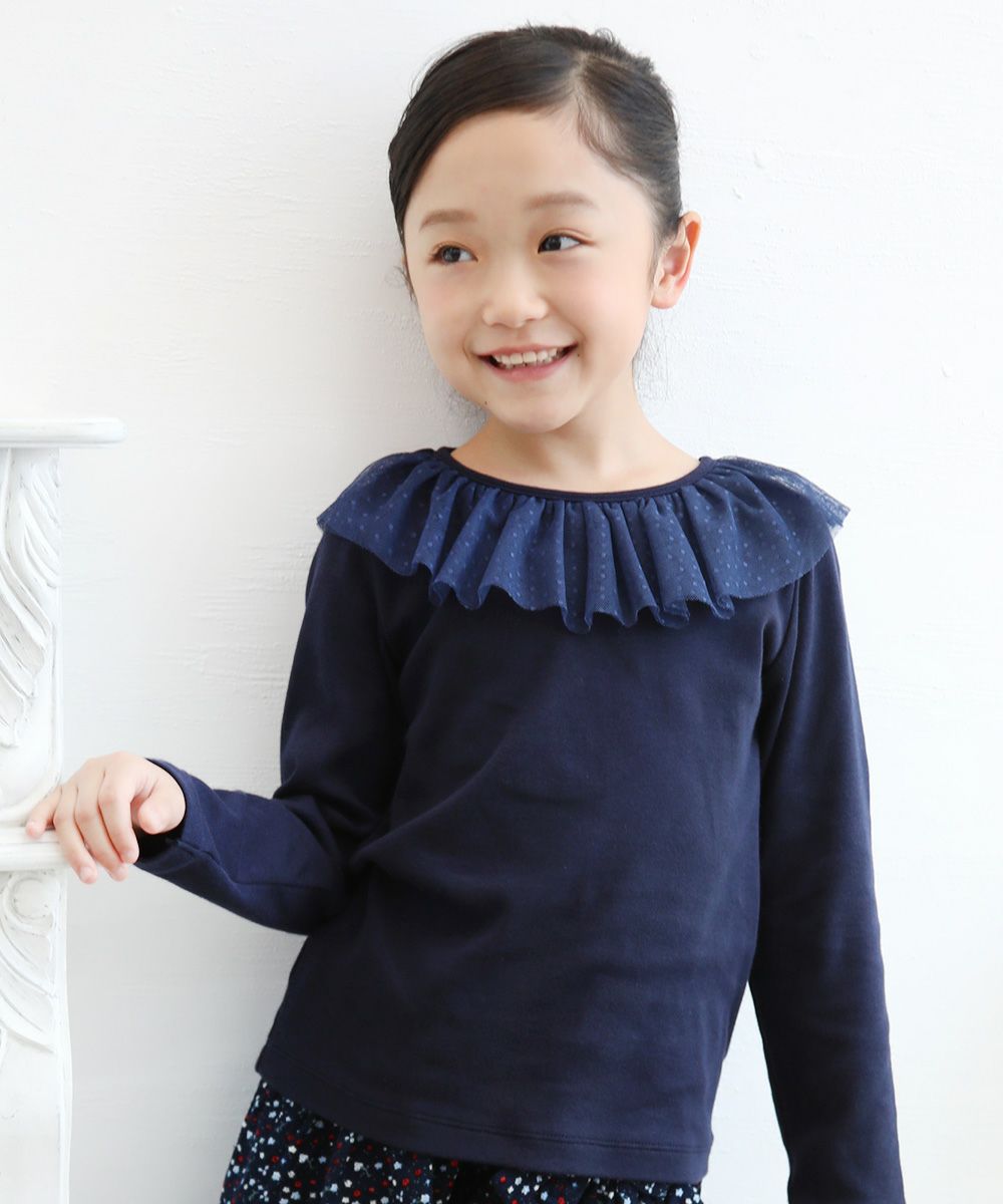 Children's clothing girl dot pattern tulle frill collar T -shirt navy (06) model image 4