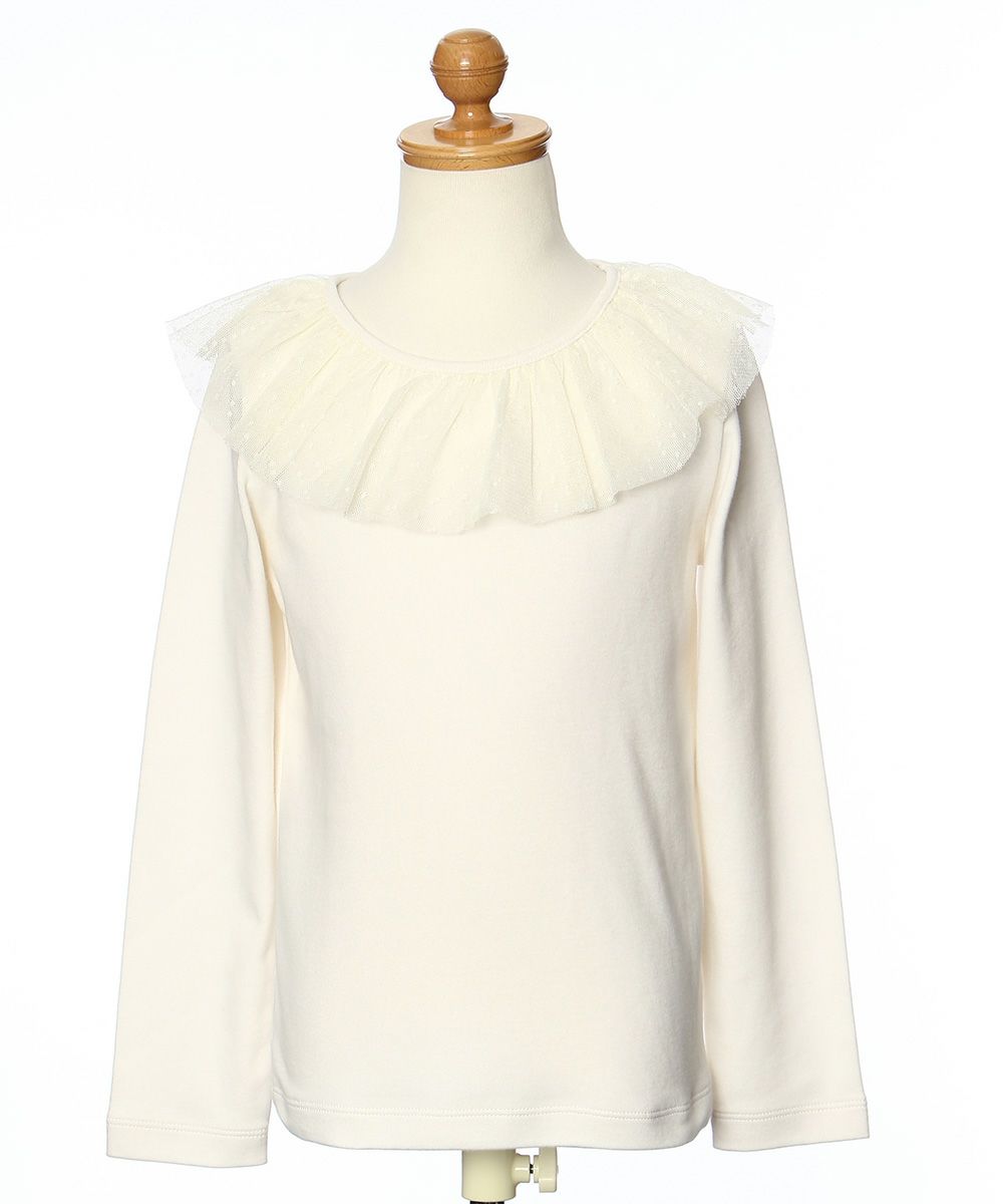 Children's clothing girl dot pattern tulle frill collar T -shirt off -white (11) torso