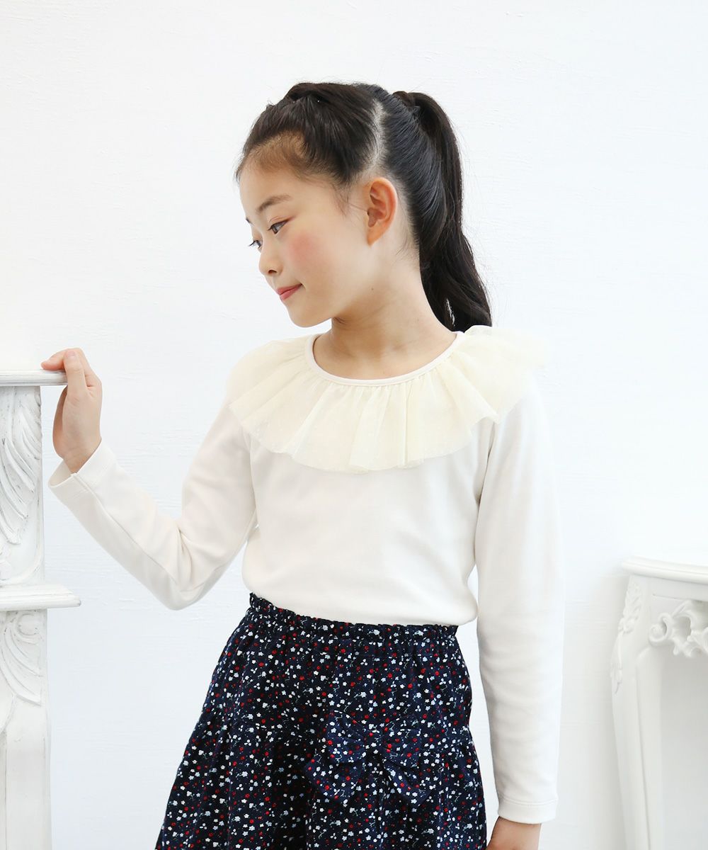 Children's clothing girl dot pattern tulle frill collar T -shirt off -white (11) model image 1