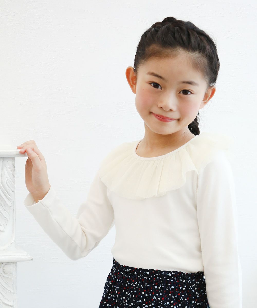 Children's clothing girl dot pattern tulle frill collar T -shirt off -white (11) model image 2