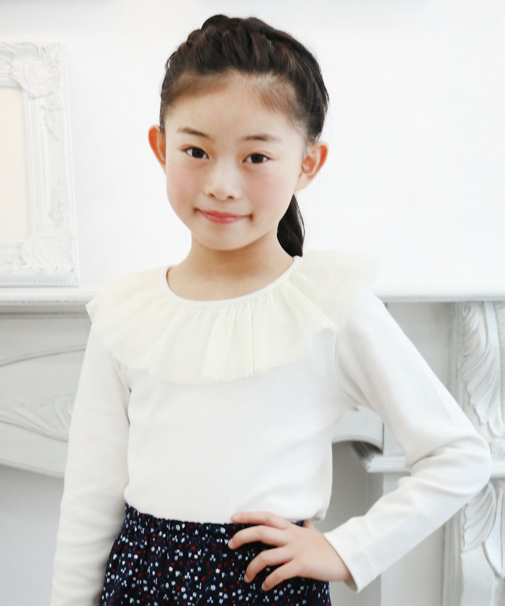 Children's clothing girl dot pattern tulle frill collar T -shirt off -white (11) model image 4