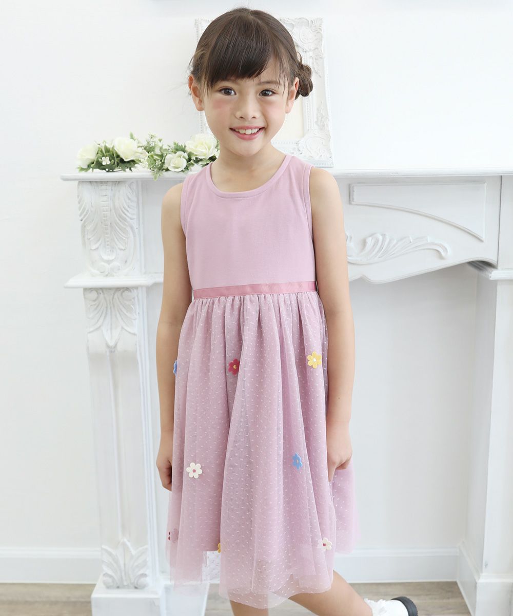 Children's clothing girl with flower motif tulle docking dress pink (02) model image up