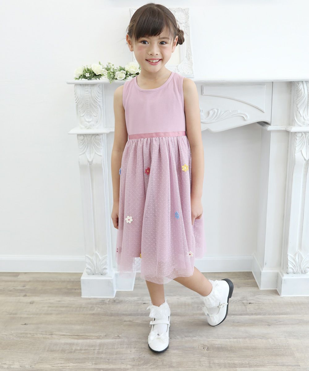 Children's clothing girl with flower motif tulle docking dress pink (02) model image whole body