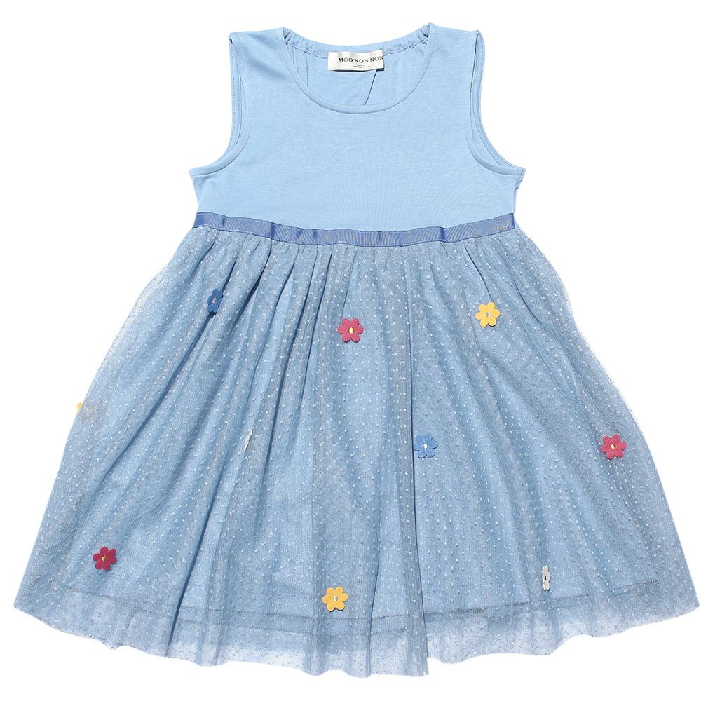 Children's clothing girl with flower motif tulle docking dress blue (61) front