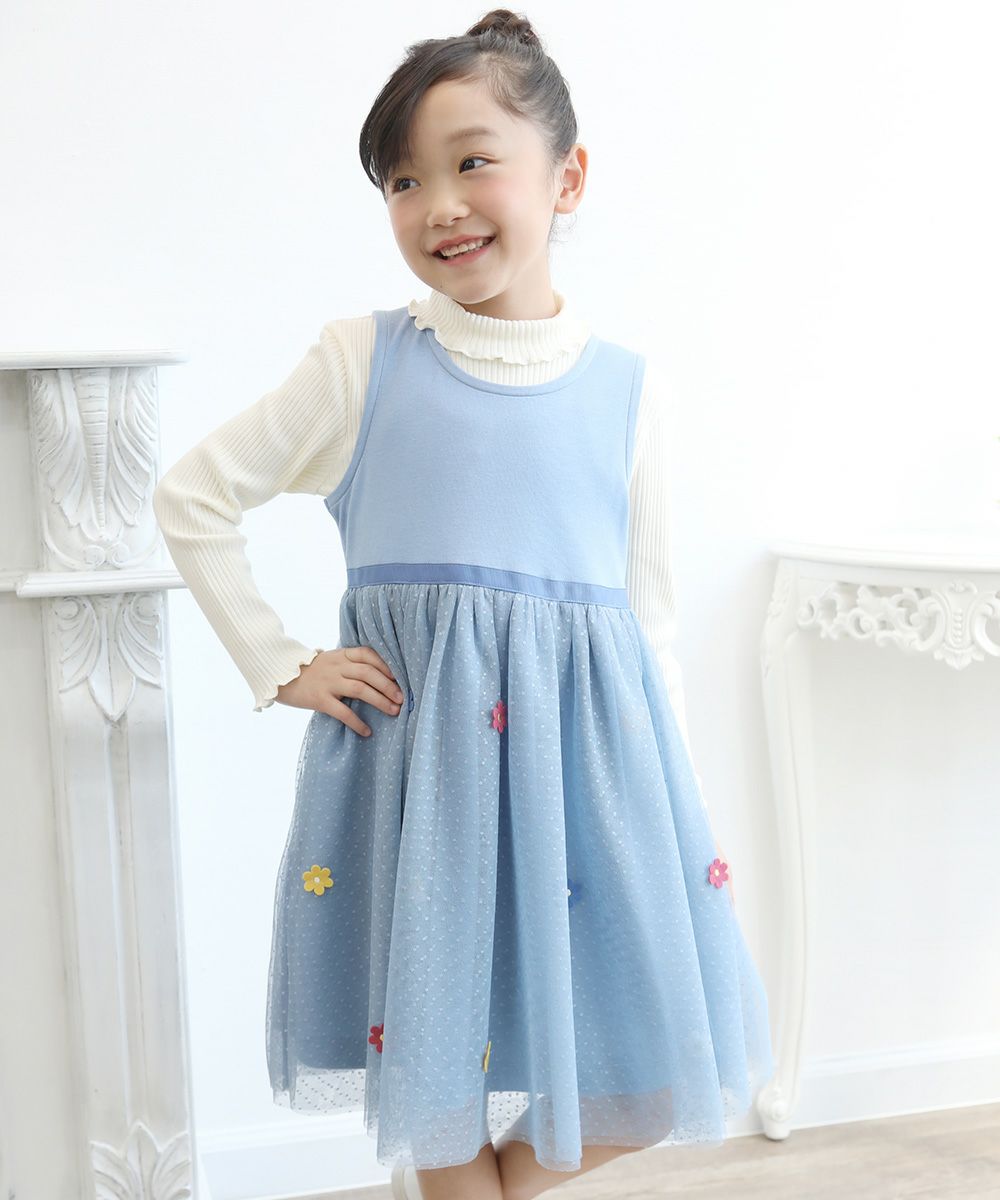Children's clothing girl with flower motif tulle docking dress blue (61) model image 3