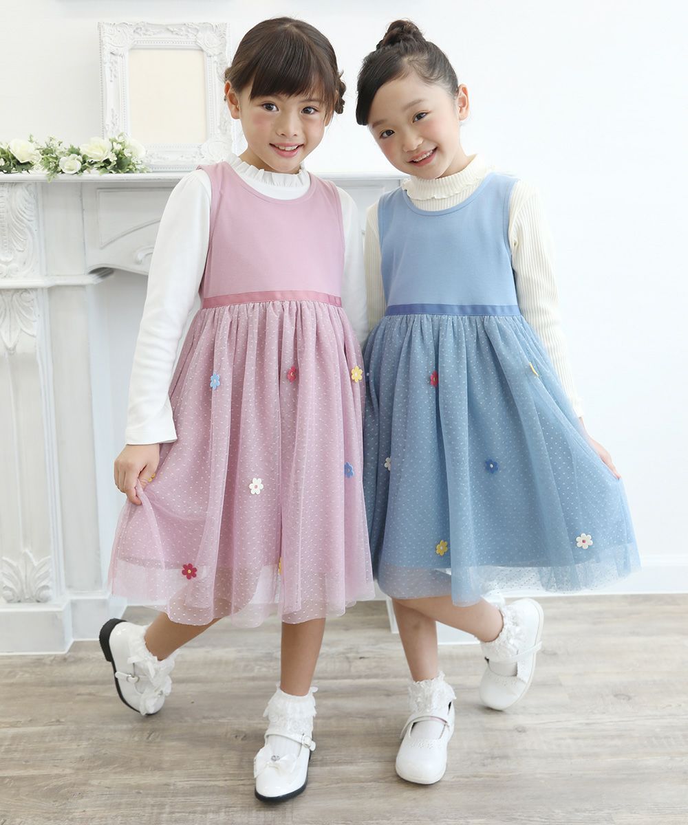 Children's clothing girl with flower motif tulle docking dress blue (61) model image 4