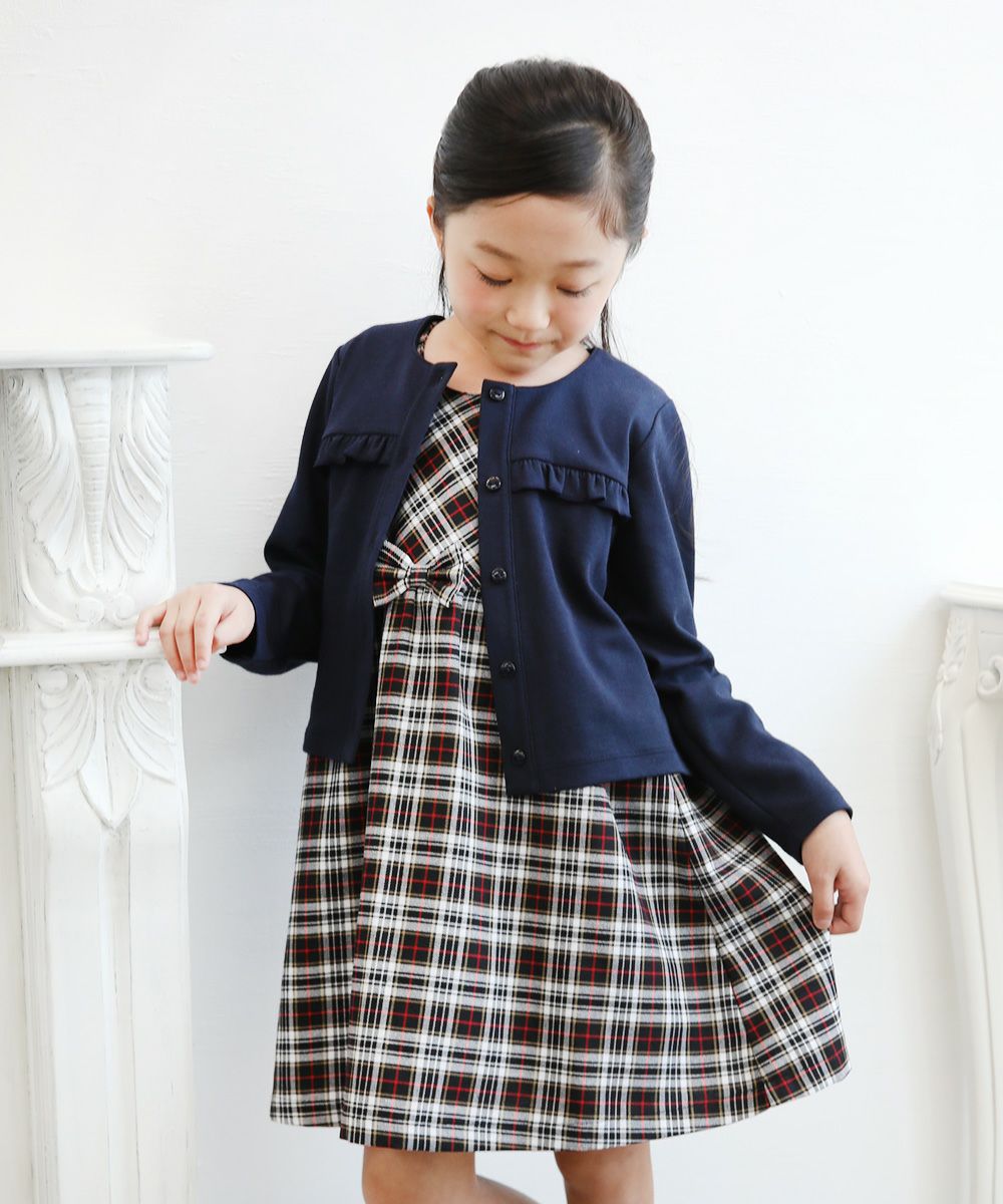 Children's clothing girl double knit material ribbon & frill Cardigan navy (06) model image 2