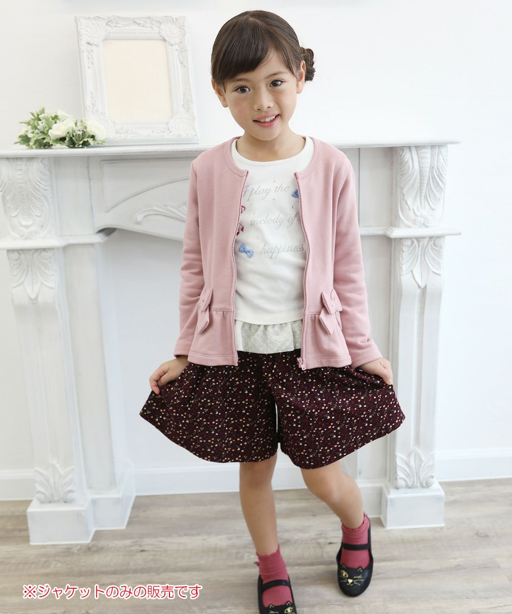Children's clothing girl ribbon & frilled back zip -up jacket pink (02) model image whole body