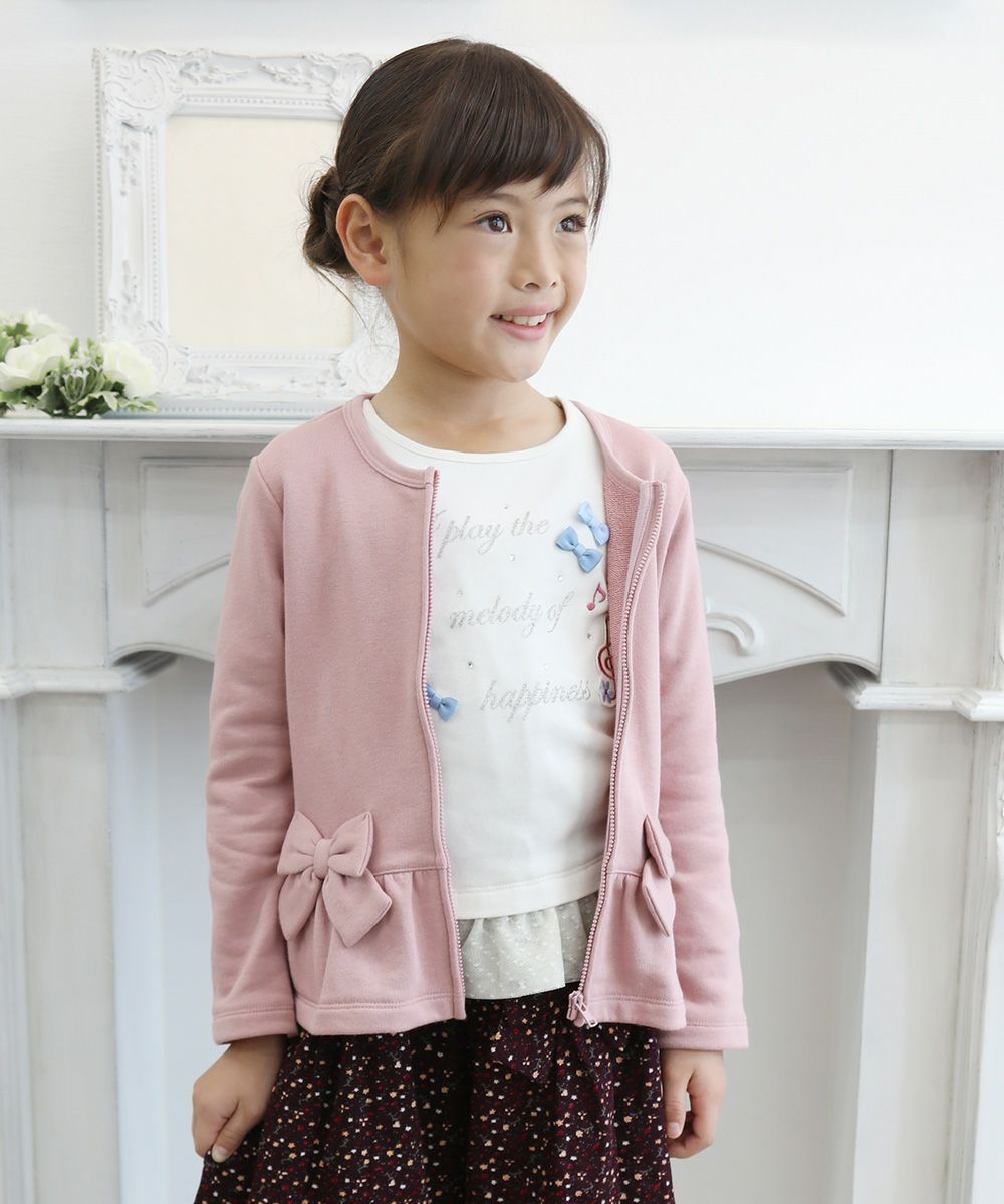 Children's clothing girl ribbon & frilled back zip -up jacket pink (02) model image 3