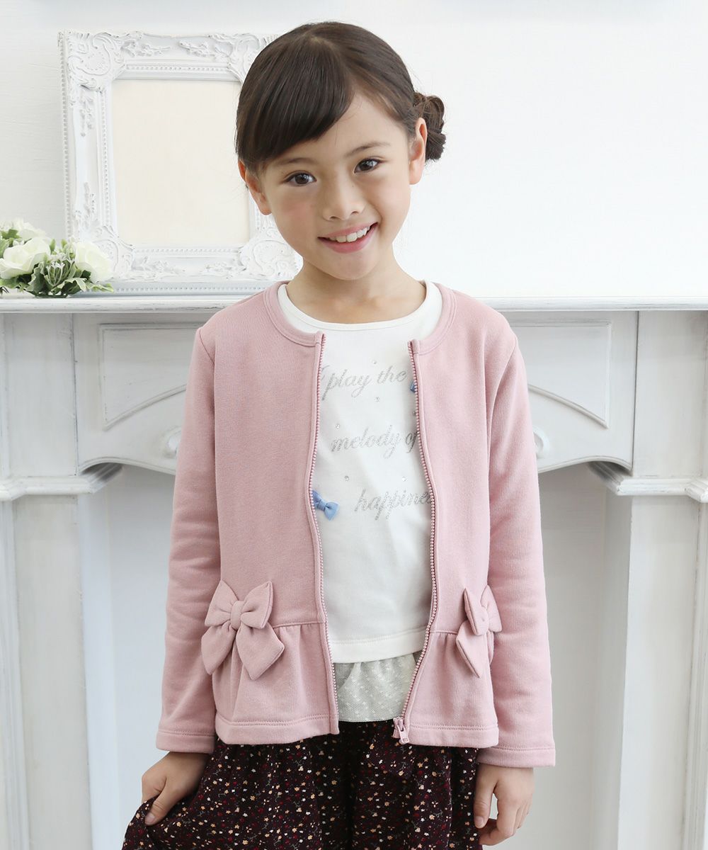 Children's clothing girl ribbon & frilled back zip -up jacket pink (02) model image 4