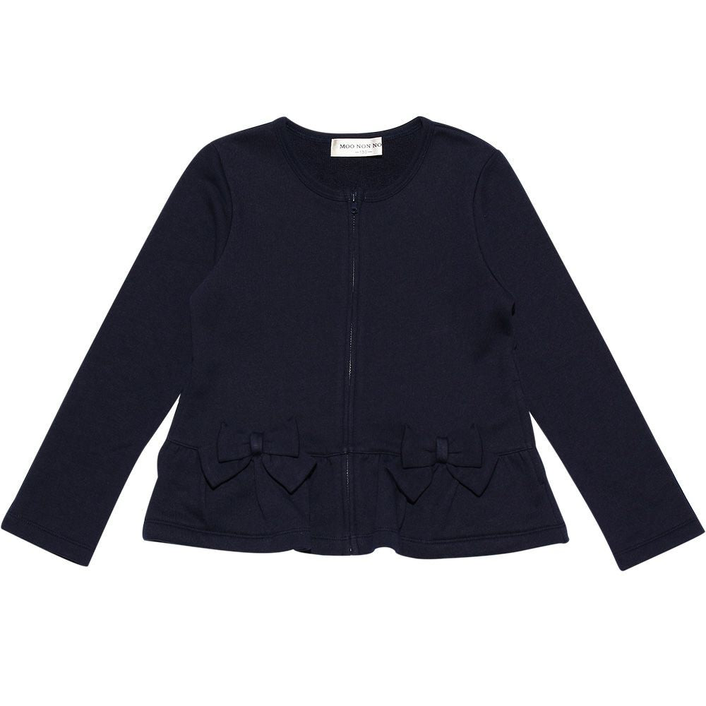 Children's clothing girl ribbon & frilled back zip -up jacket navy (06) front