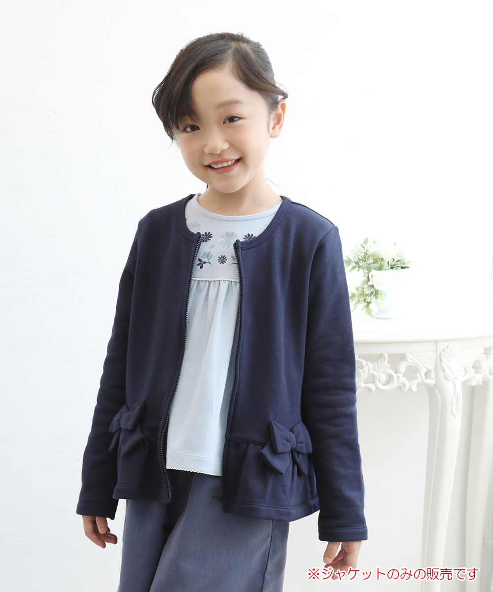 Children's clothing girl ribbon & frilled back zip -up jacket navy (06) model image up