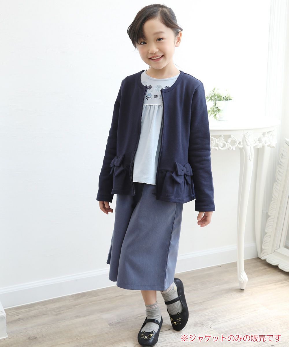 Children's clothing girl ribbon & frilled back zip -up jacket navy (06) model image whole body