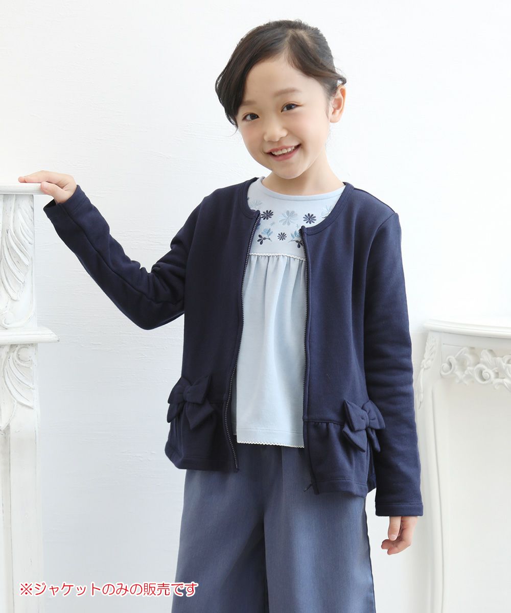 Children's clothing girl ribbon & frilled back zip -up jacket navy (06) model image 1
