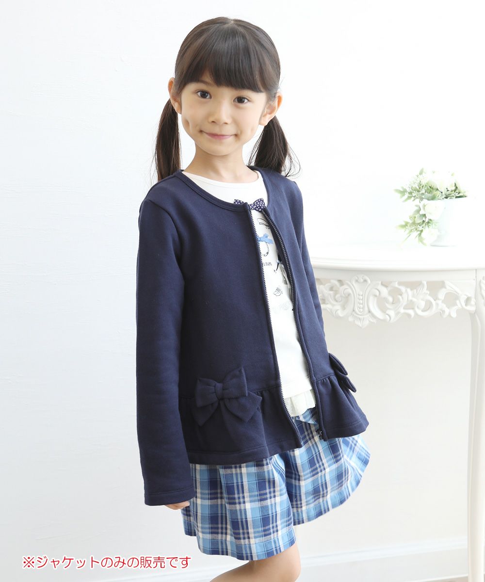 Children's clothing girl ribbon & frilled back zip -up jacket navy (06) model image 2
