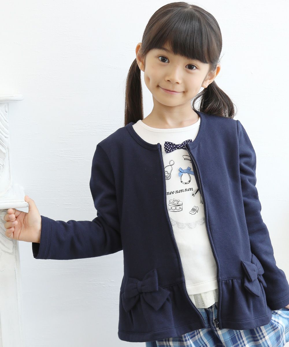 Children's clothing girl ribbon & frilled back zip -up jacket navy (06) model image 3